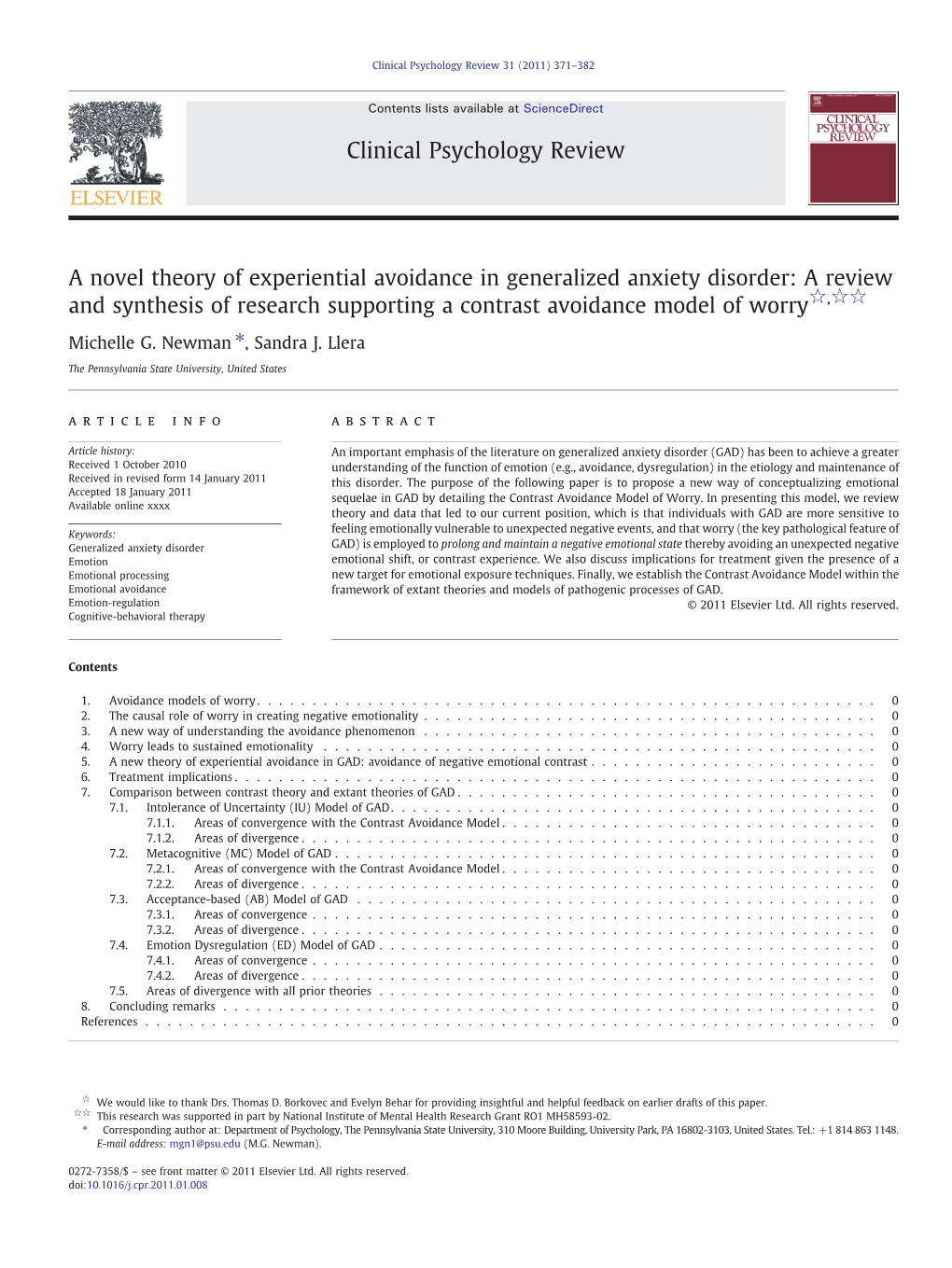 A Novel Theory of Experiential Avoidance in Generalized Anxiety Disorder: a Review and Synthesis of Research Supporting a Contrast Avoidance Model of Worry☆,☆☆