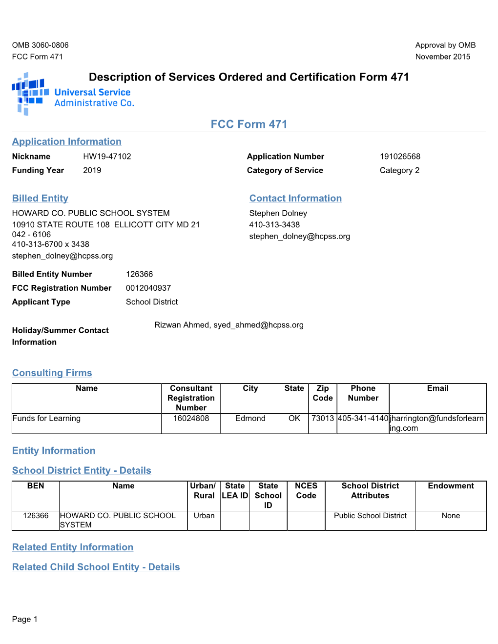 Description of Services Ordered and Certification Form 471 FCC Form