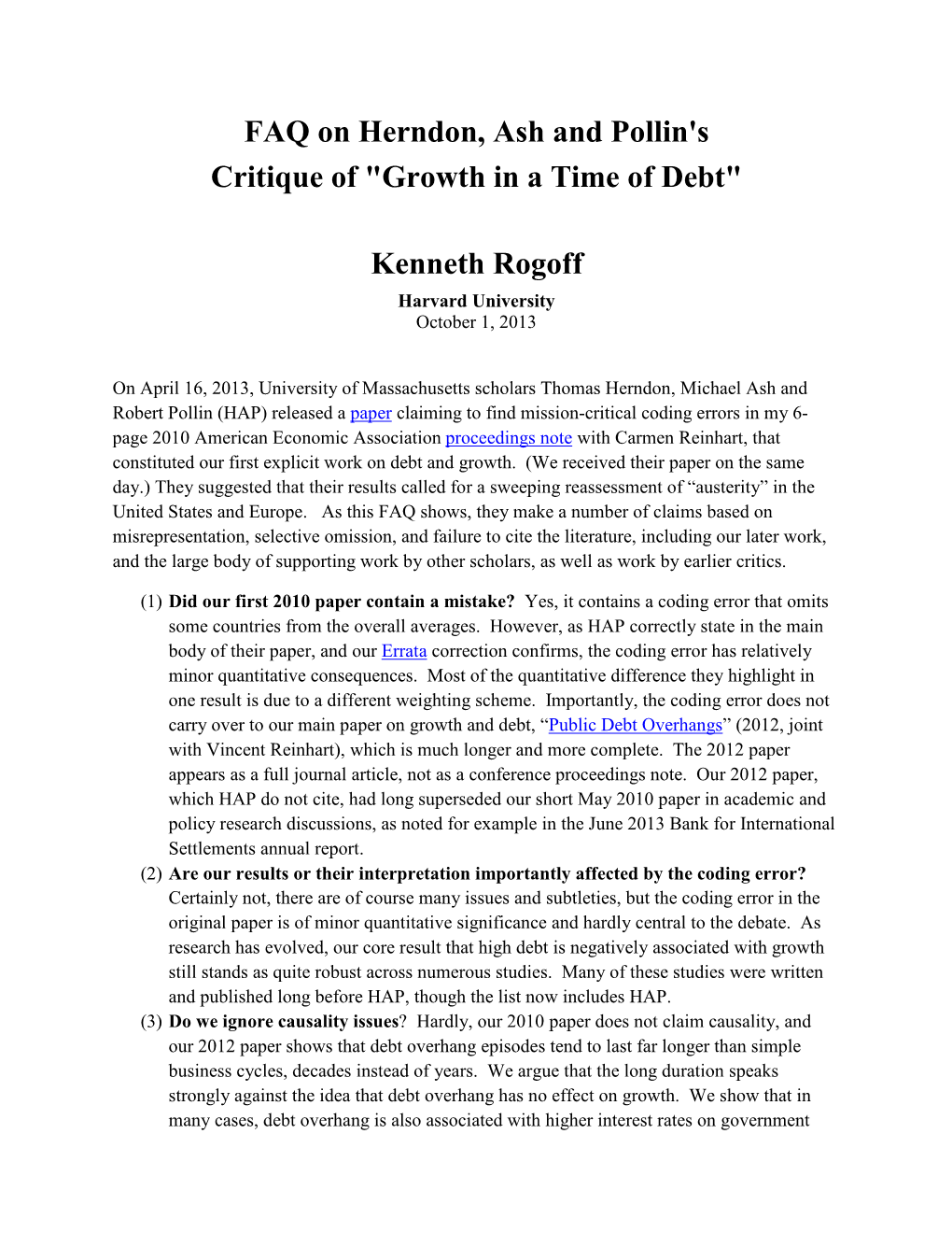 Kenneth Rogoff Harvard University October 1, 2013