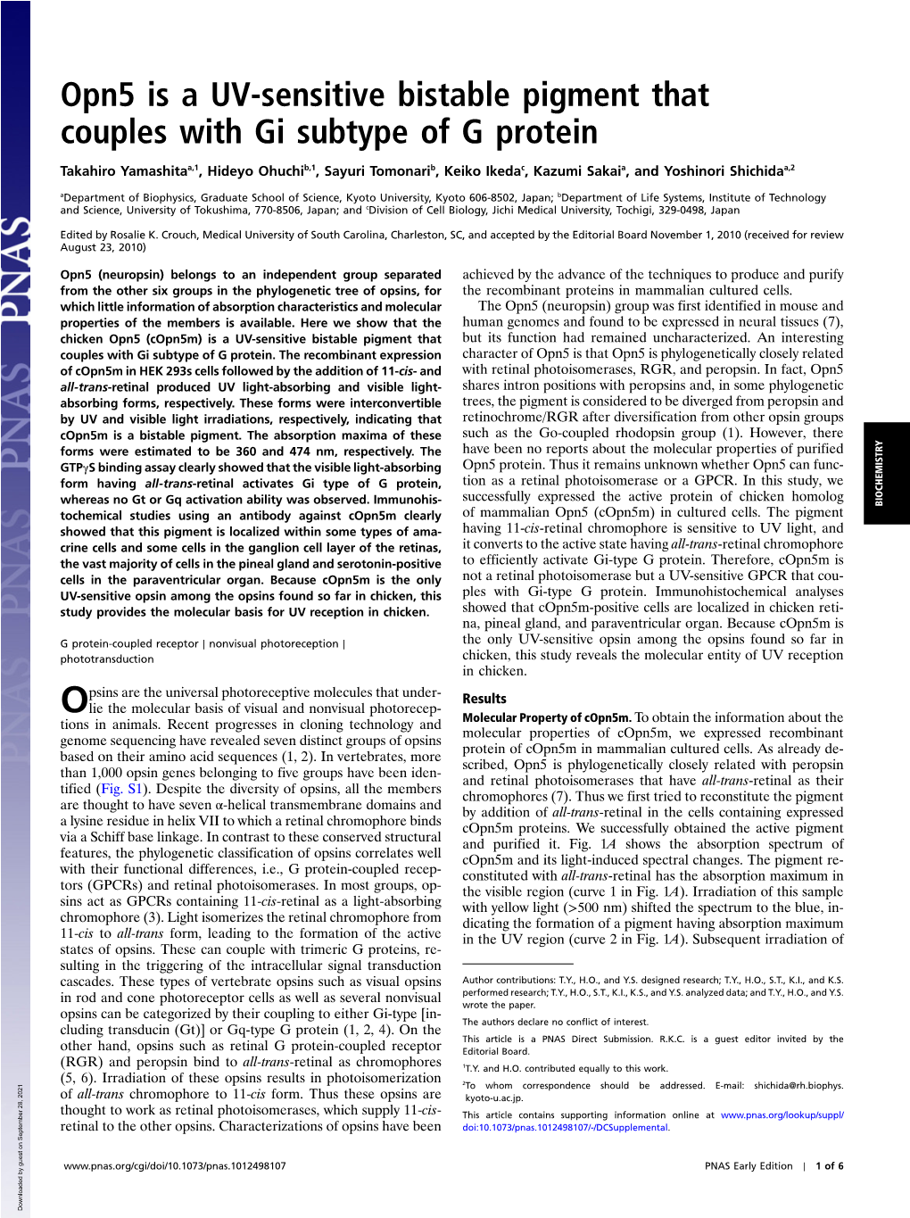 Opn5 Is a UV-Sensitive Bistable Pigment That Couples with Gi Subtype of G Protein