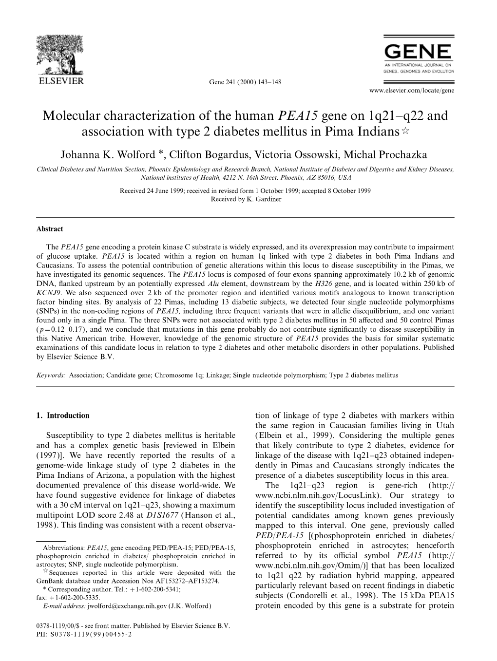 Molecular Characterization of the Human PEA15 Gene on 1Q21–Q22 and Association with Type 2 Diabetes Mellitus in Pima Indians K