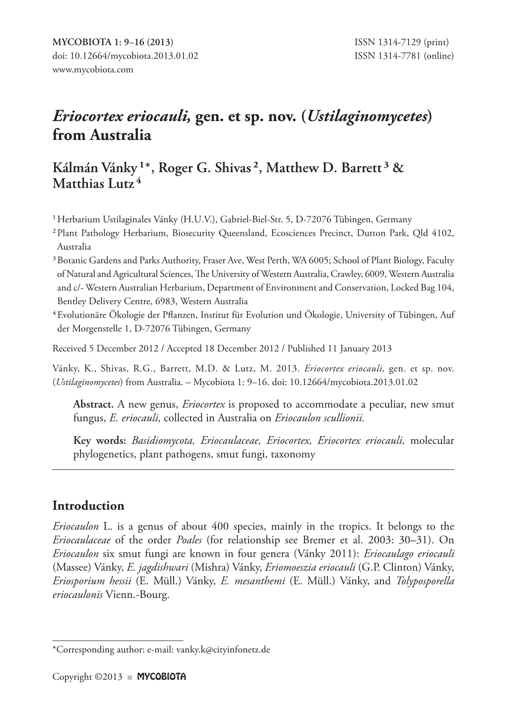 Eriocortex Eriocauli, Gen. Et Sp. Nov. (Ustilaginomycetes) from Australia