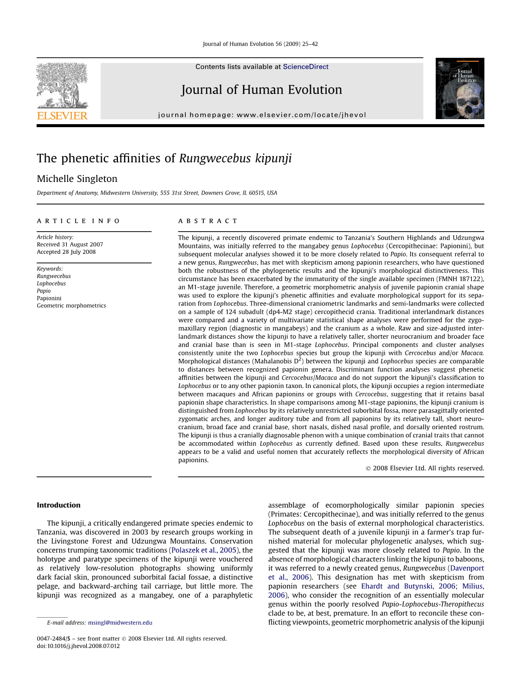 The Phenetic Affinities of Rungwecebus Kipunji