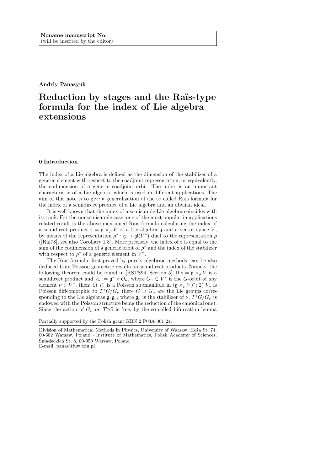 Reduction by Stages and the Ra¨Is-Type Formula for the Index of Lie Algebra Extensions