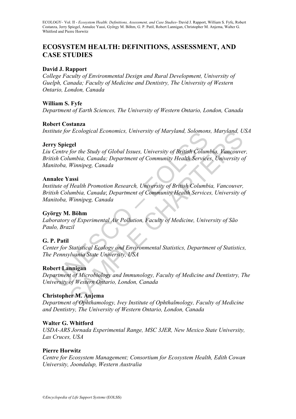 Ecosystem Health: Definitions, Assessment, and Case Studies- David J