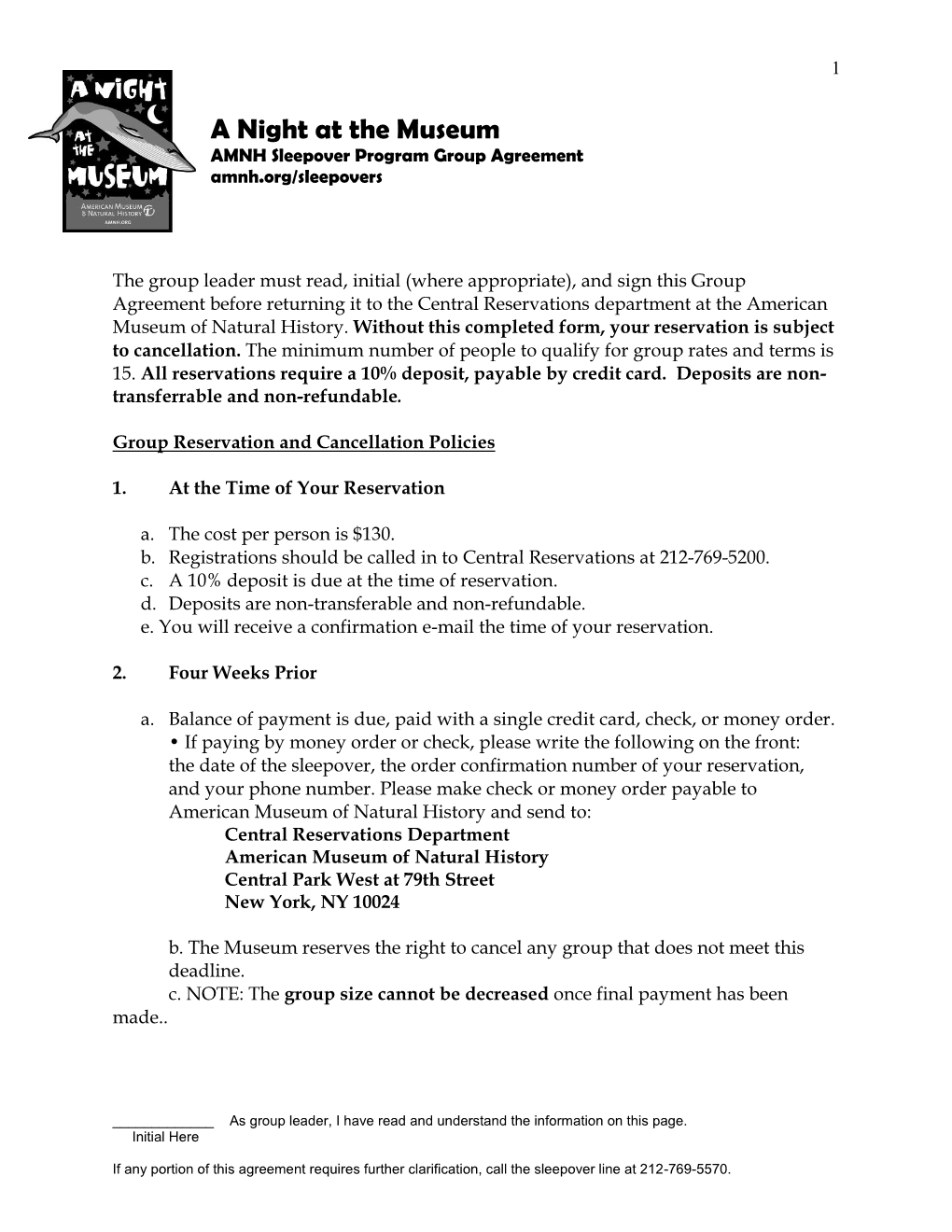 A Night at the Museum AMNH Sleepover Program Group Agreement Amnh.Org/Sleepovers