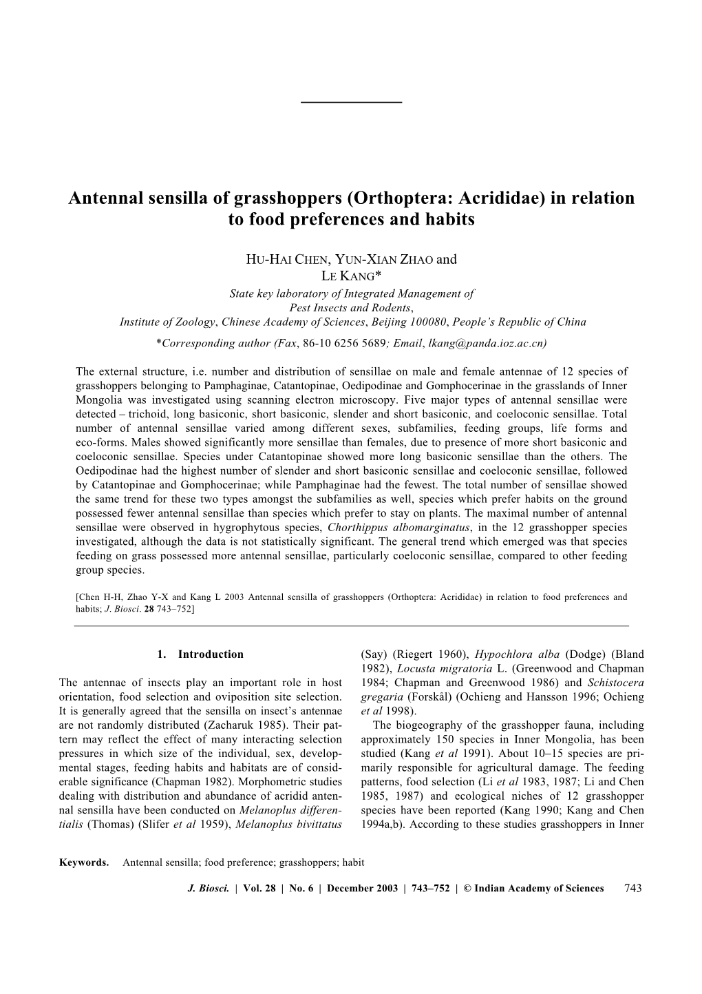 Antennal Sensilla of Grasshoppers (Orthoptera: Acrididae) in Relation to Food Preferences and Habits