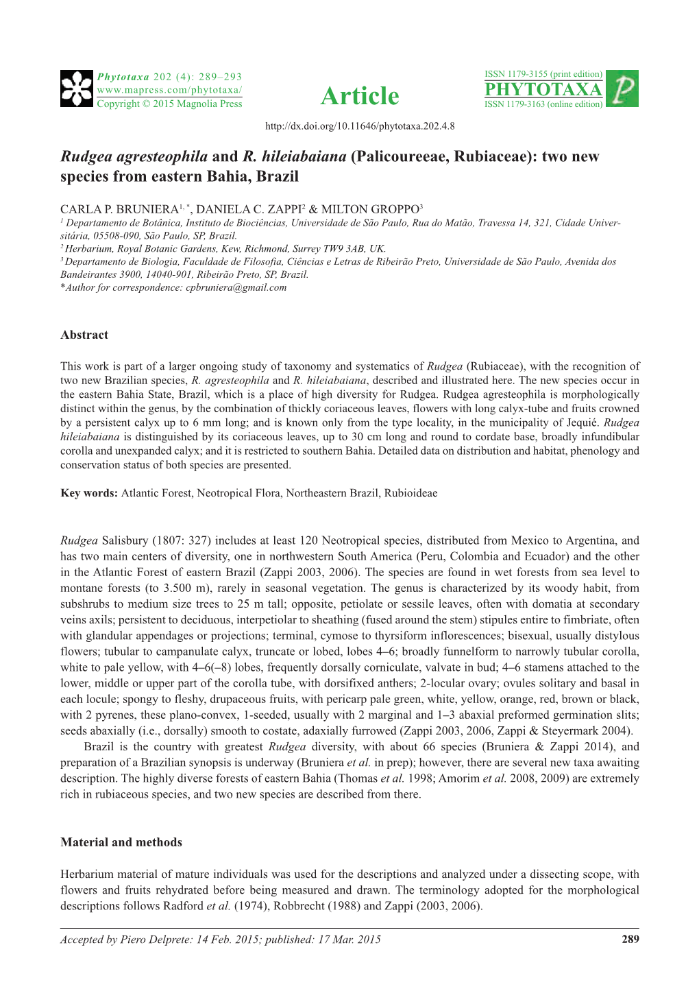 Palicoureeae, Rubiaceae): Two New Species from Eastern Bahia, Brazil