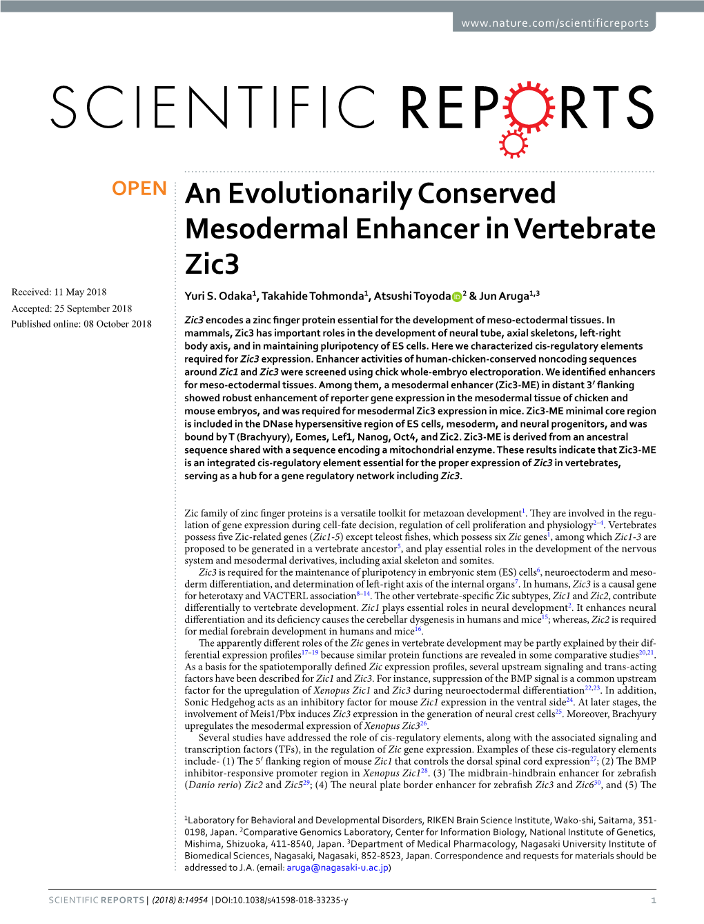 An Evolutionarily Conserved Mesodermal Enhancer in Vertebrate Zic3 Received: 11 May 2018 Yuri S