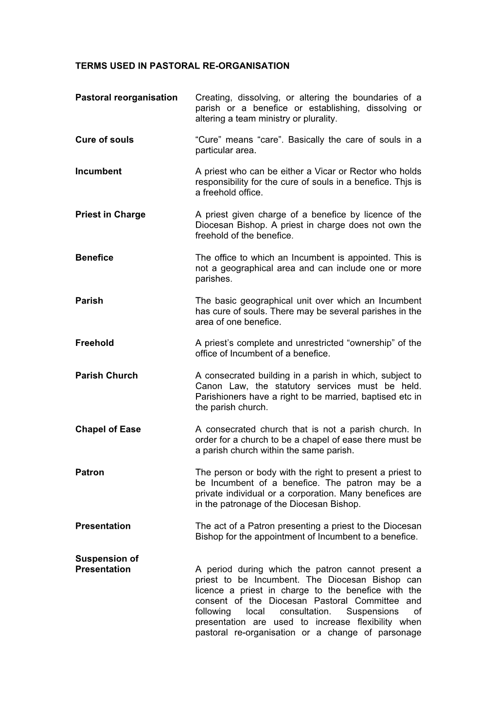 Glossary of Terms Used in Pastoral Re-Organisation