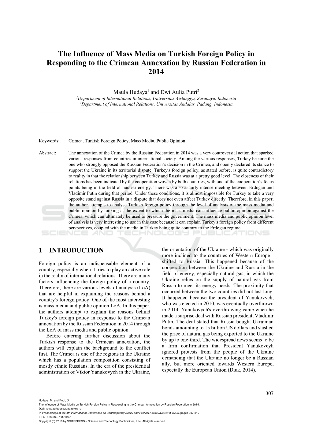 The Influence of Mass Media on Turkish Foreign Policy in Responding to the Crimean Annexation by Russian Federation in 2014