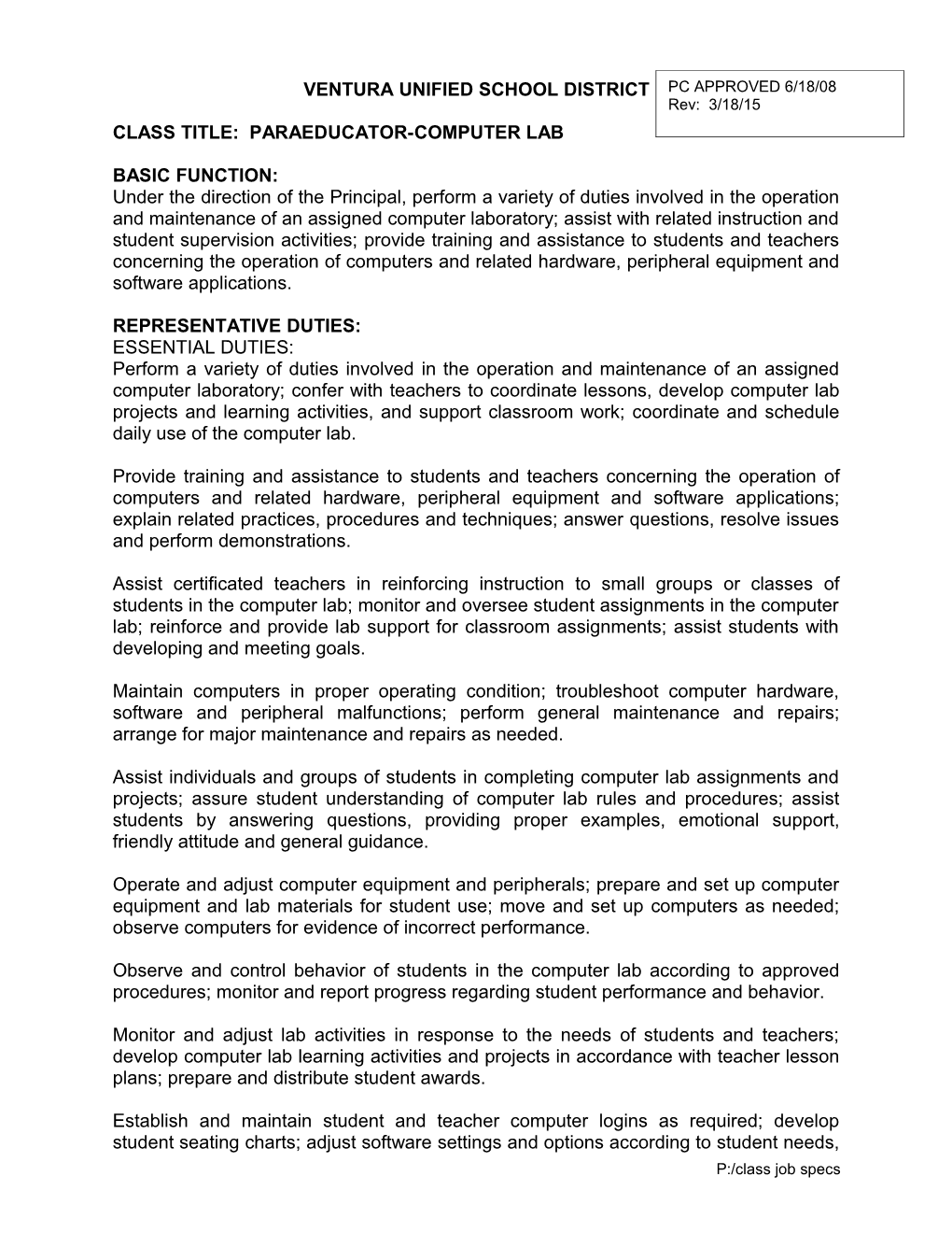 VUSD: Paraeducator-Computer Lab - Continued Page 2