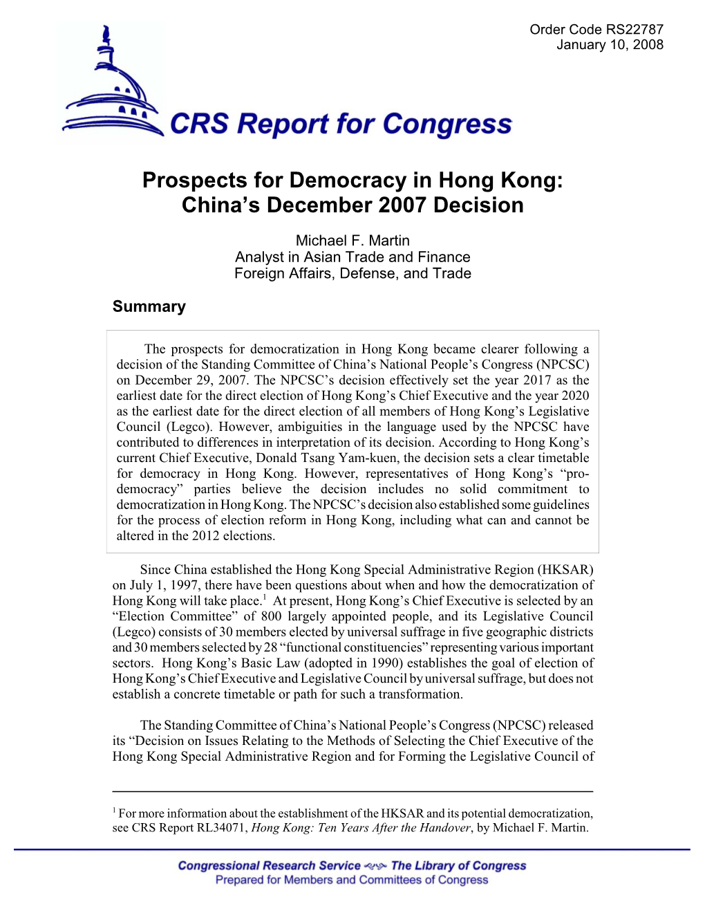 Prospects for Democracy in Hong Kong: China's December 2007