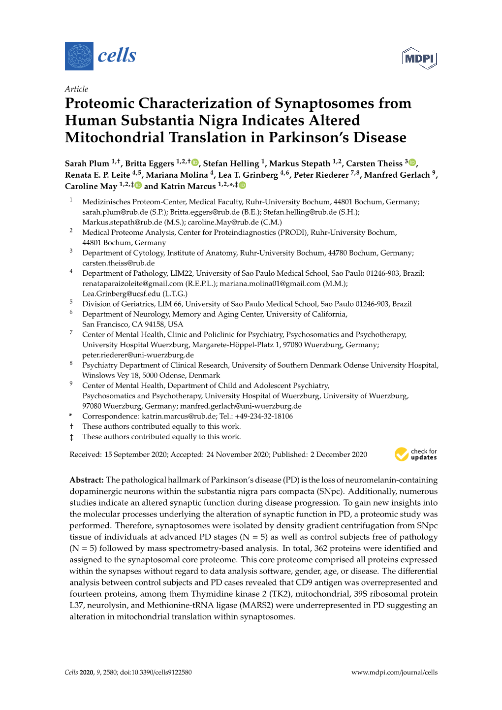 Proteomic Characterization of Synaptosomes from Human Substantia Nigra Indicates Altered Mitochondrial Translation in Parkinson’S Disease