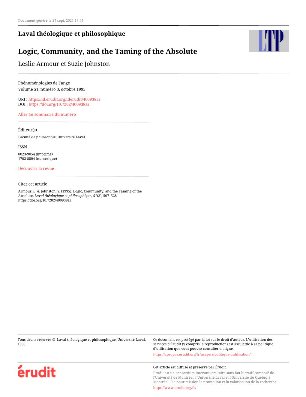 Logic, Community, and the Taming of the Absolute Leslie Armour Et Suzie Johnston