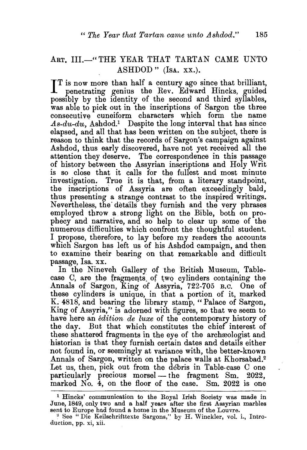 The Yea1· That Tartan Came Unto .Ashdod." 185