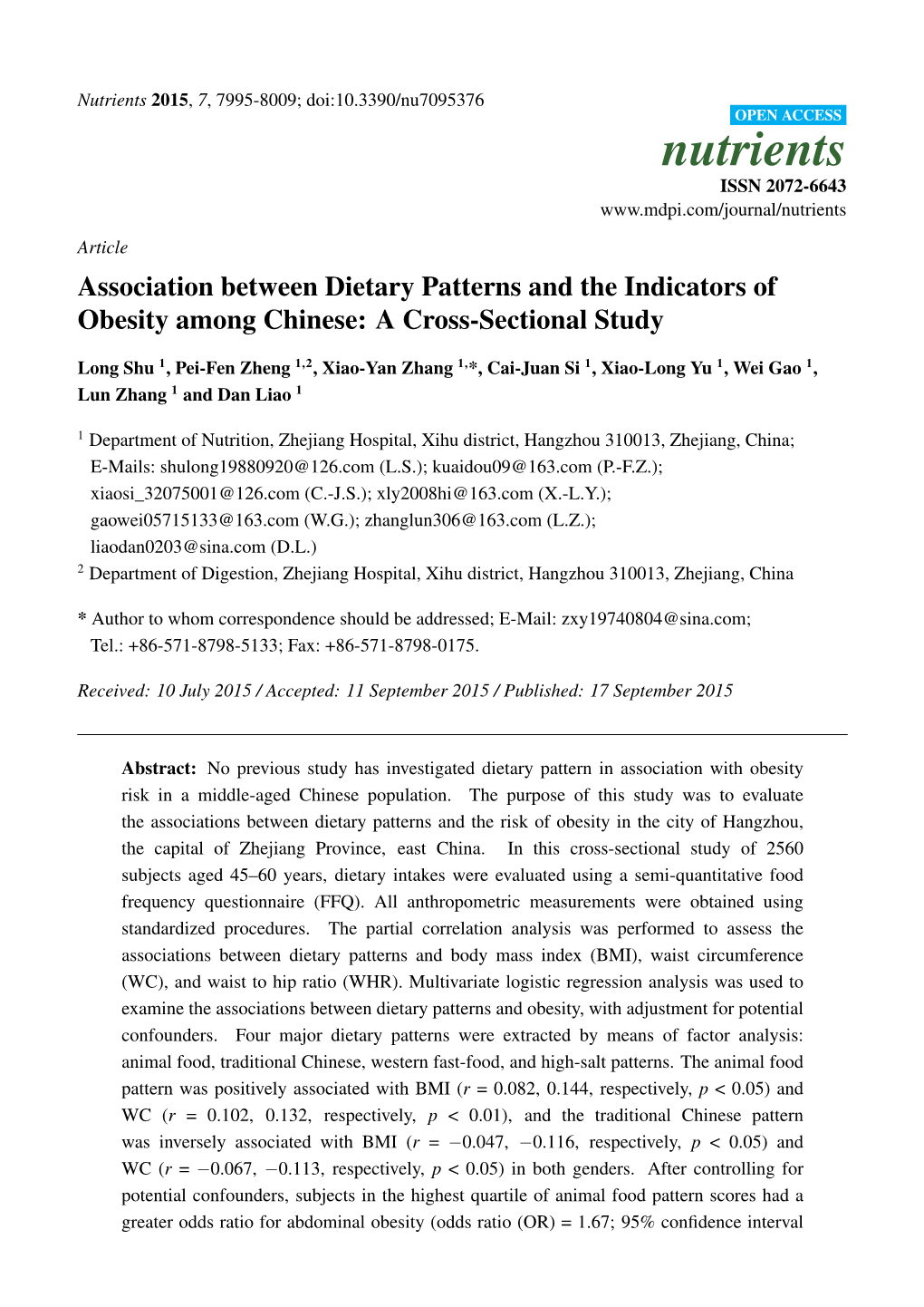 Association Between Dietary Patterns and the Indicators of Obesity Among Chinese: a Cross-Sectional Study