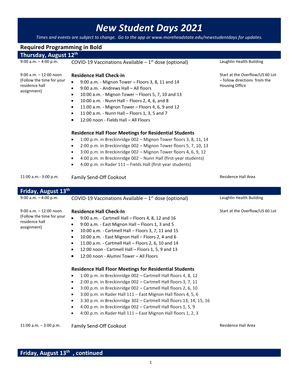 New Student Days 2021 Times and Events Are Subject to Change