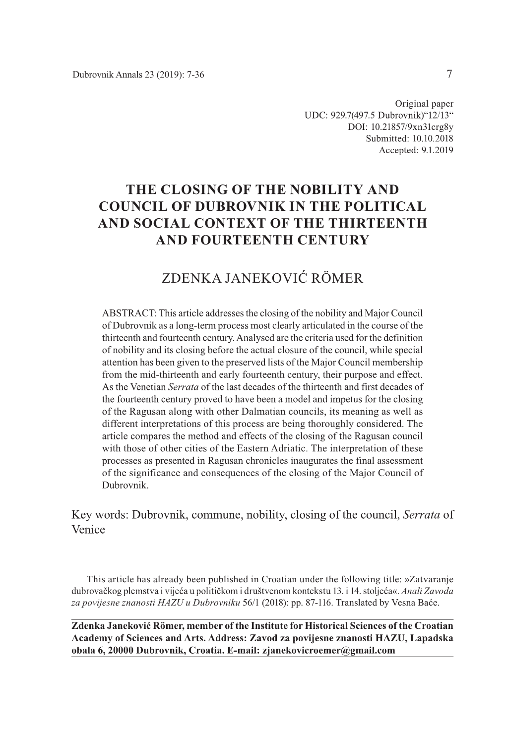 The Closing of the Nobility and Council of Dubrovnik in the Political and Social Context of the Thirteenth and Fourteenth Century