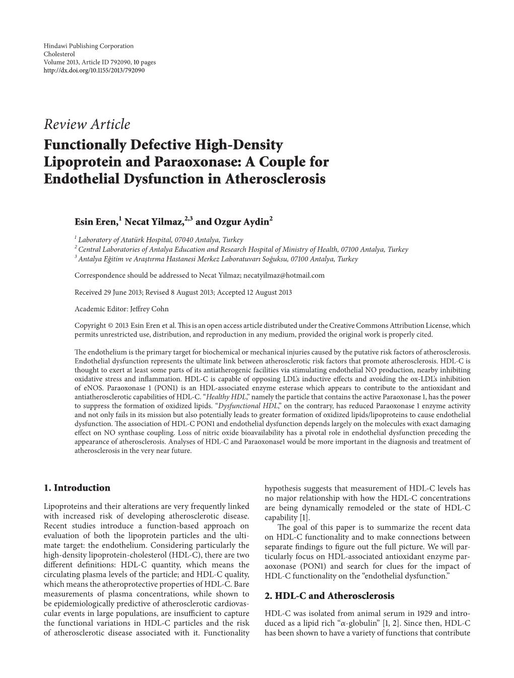 Functionally Defective High-Density Lipoprotein and Paraoxonase: a Couple for Endothelial Dysfunction in Atherosclerosis