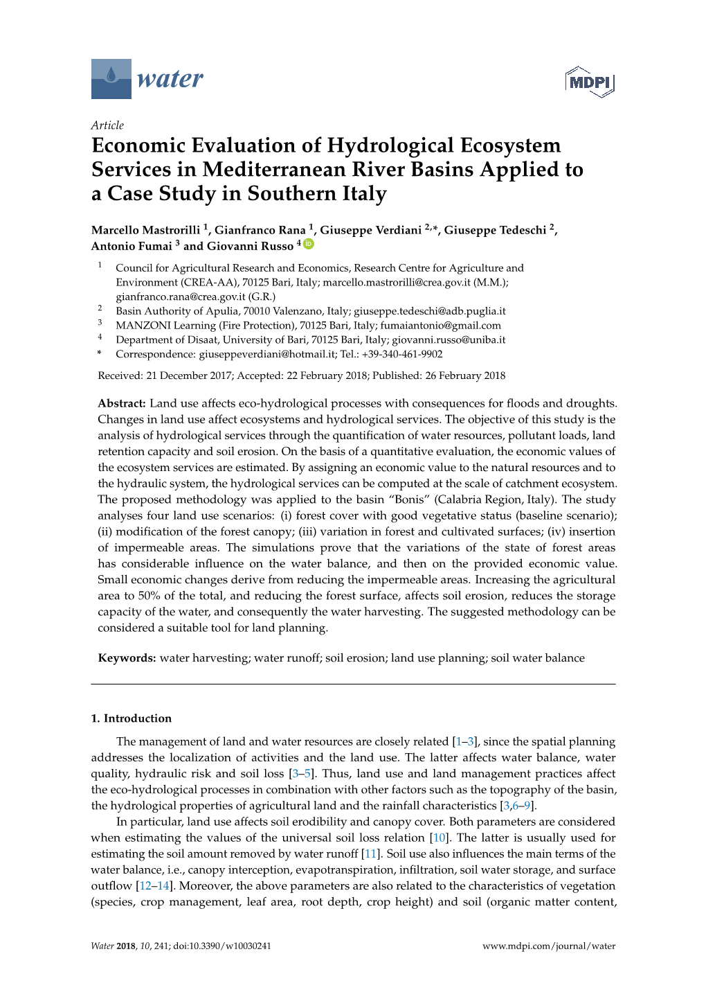 Economic Evaluation of Hydrological Ecosystem Services in Mediterranean River Basins Applied to a Case Study in Southern Italy