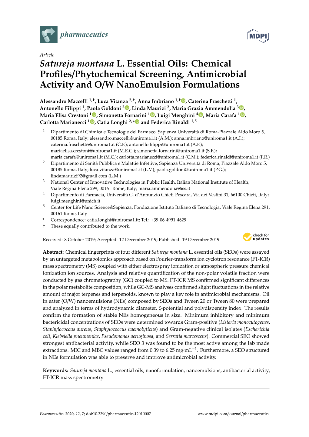 Satureja Montana L. Essential Oils: Chemical Proﬁles/Phytochemical Screening, Antimicrobial Activity and O/W Nanoemulsion Formulations