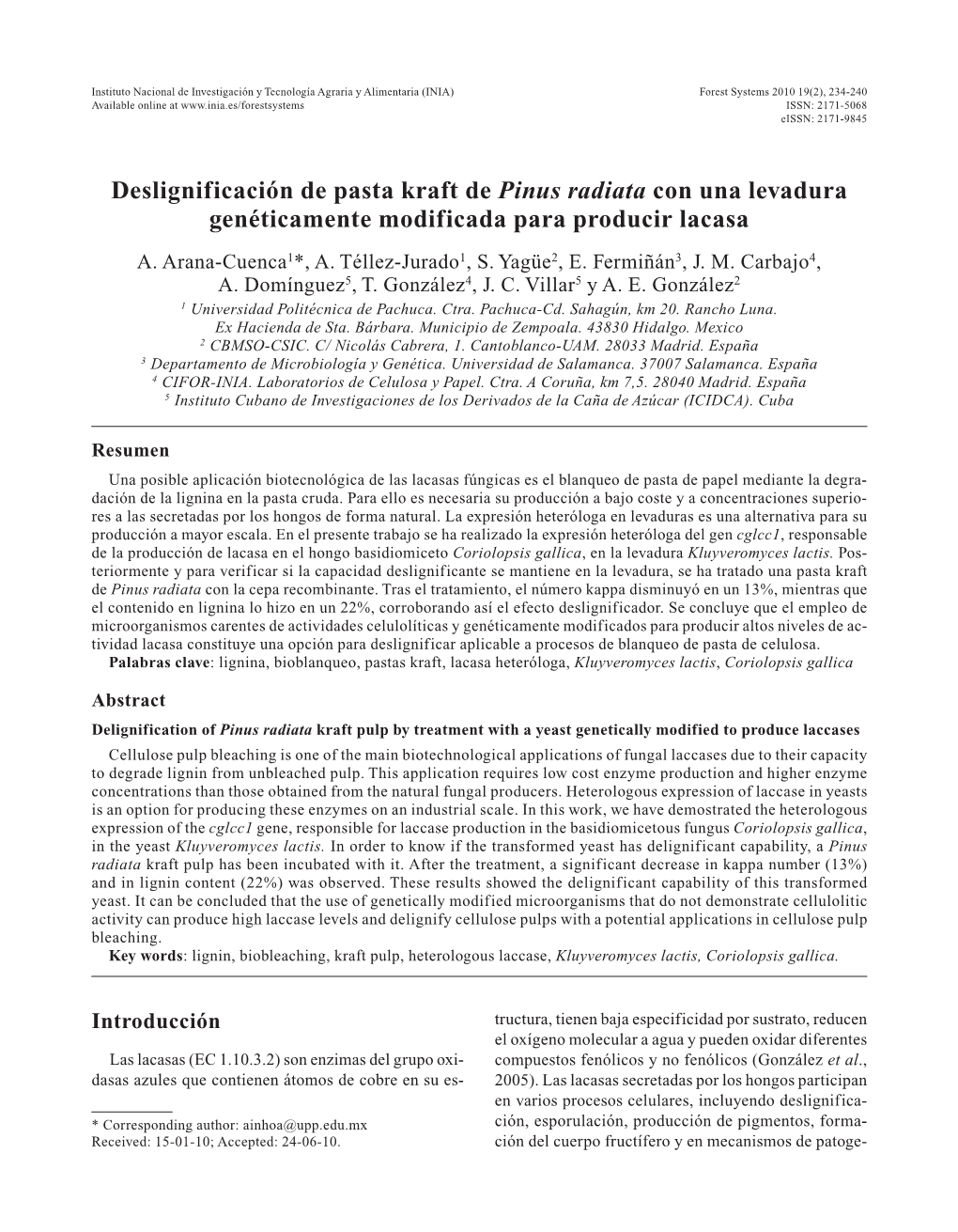 Deslignificación De Pasta Kraft De Pinus Radiata Con Una Levadura Genéticamente Modificada Para Producir Lacasa A