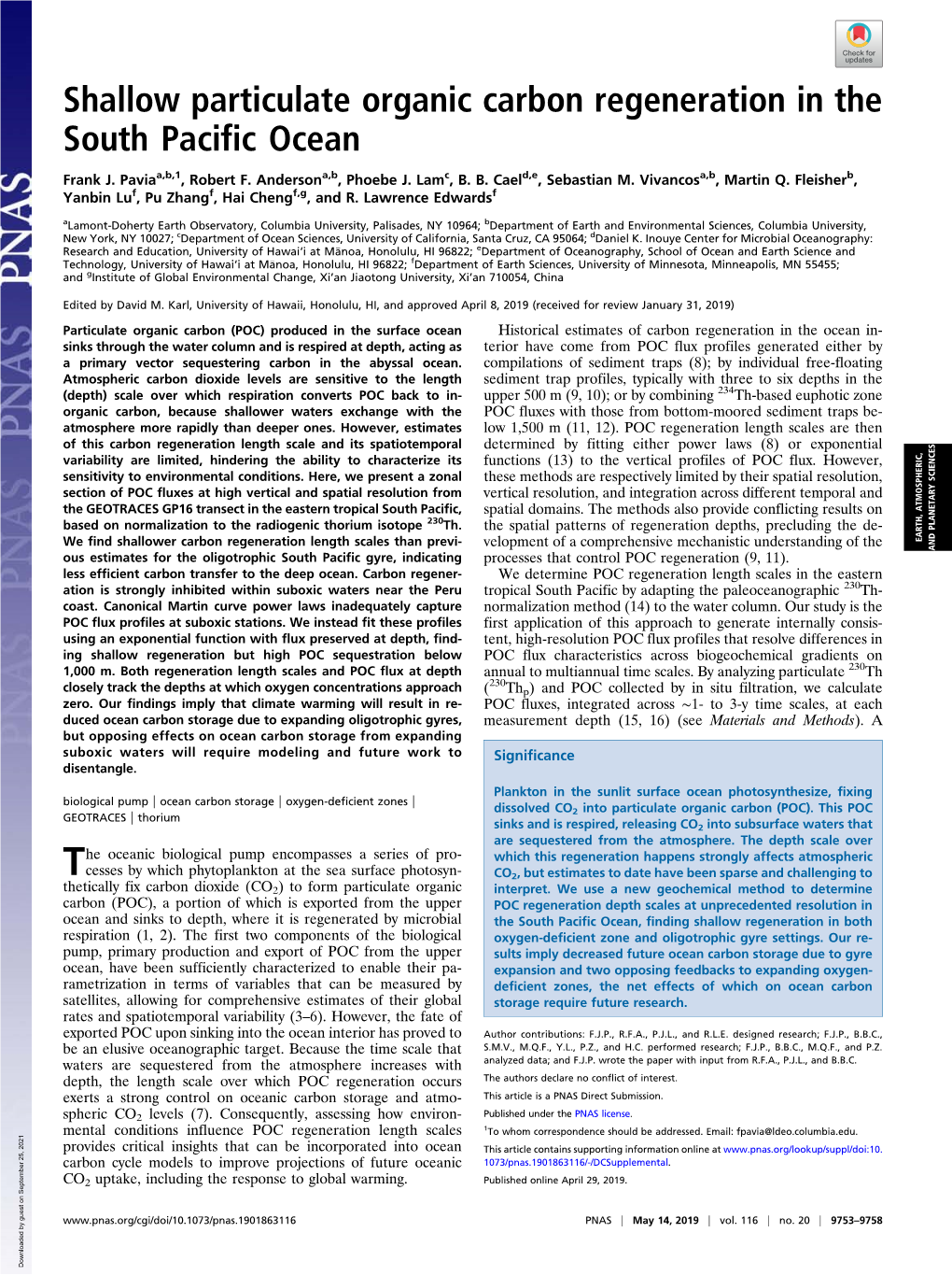 Shallow Particulate Organic Carbon Regeneration in the South Pacific Ocean