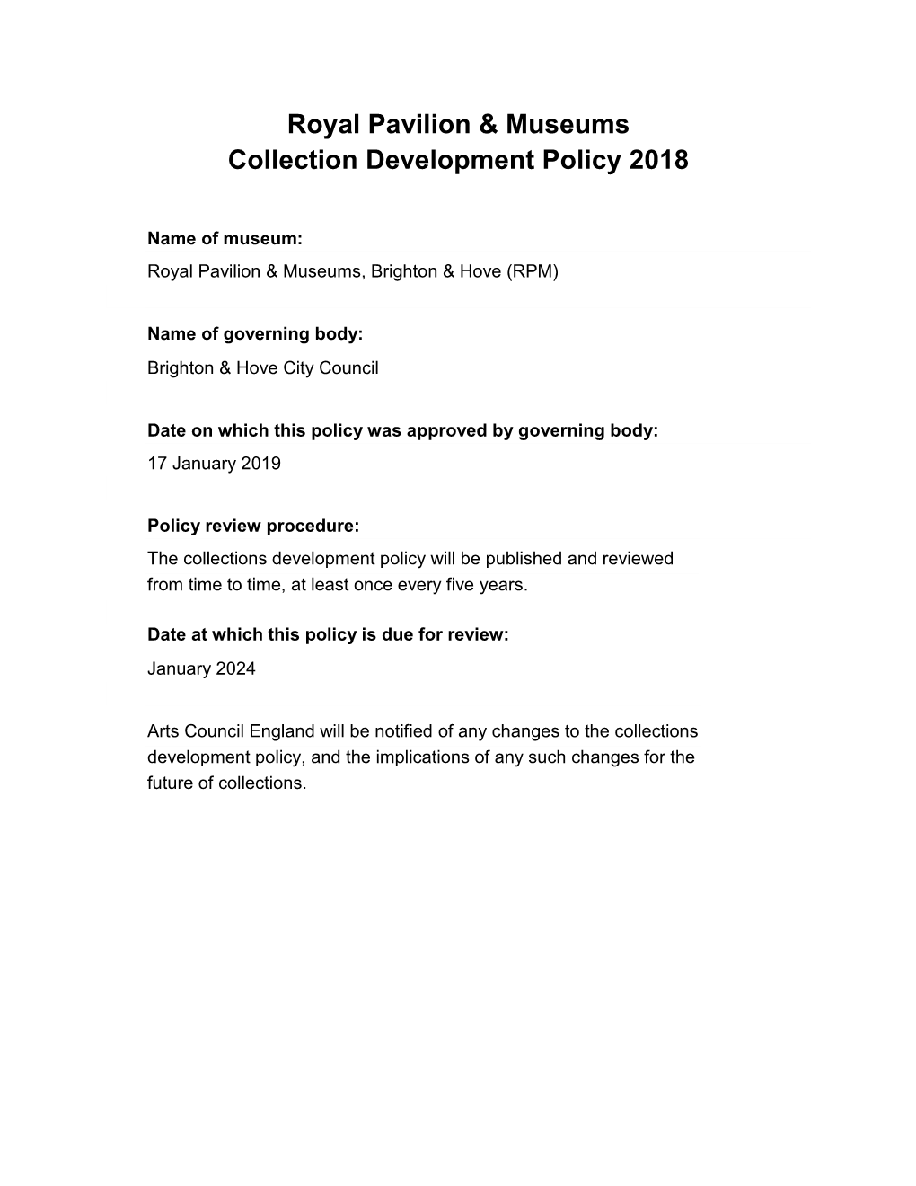 Royal Pavilion & Museums Collection Development Policy 2018