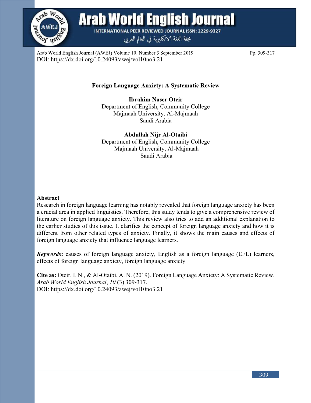 Foreign Language Anxiety: a Systematic Review