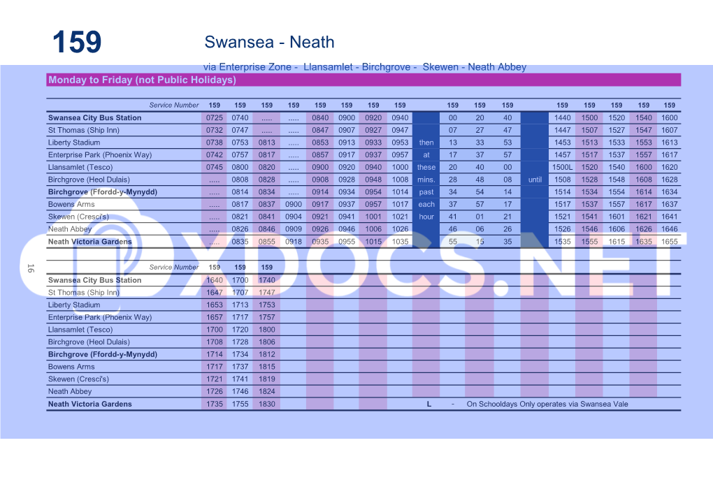 159 Swansea - Neath Via Enterprise Zone - Llansamlet - Birchgrove - Skewen - Neath Abbey Monday to Friday (Not Public Holidays)