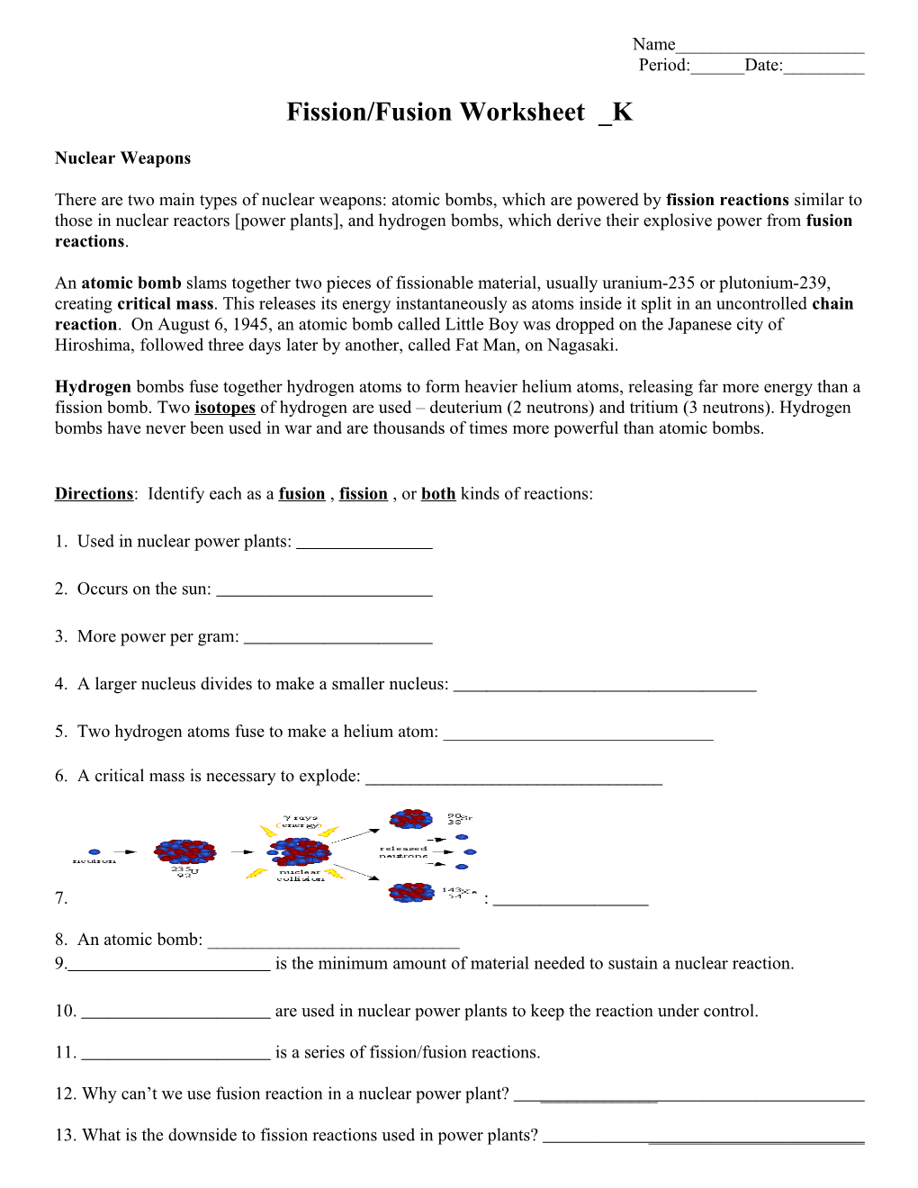 Fission/Fusion Worksheet K