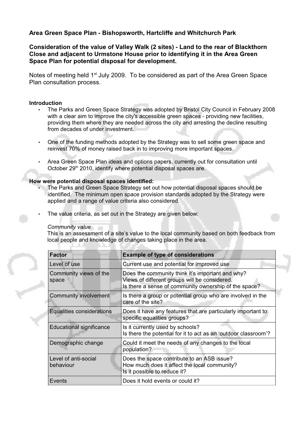 Area Green Space Plan - Bishopsworth, Hartcliffe and Whitchurch Park