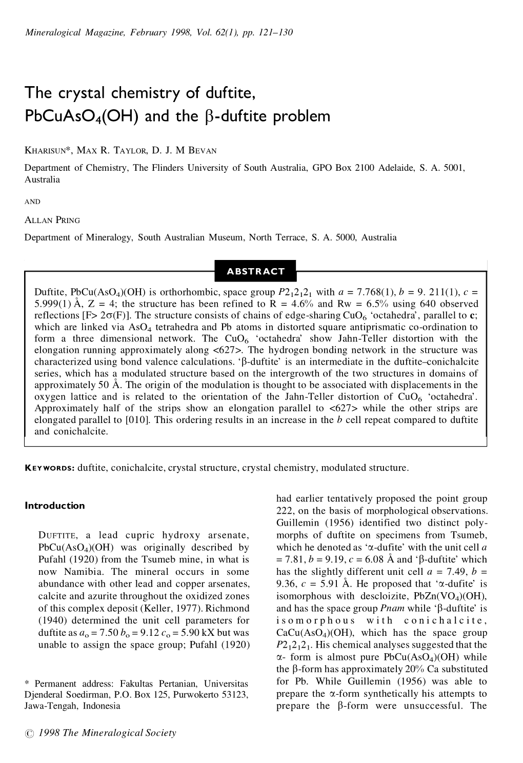 The Crystal Chemistry of Duftite, Pbcuaso4(OH)