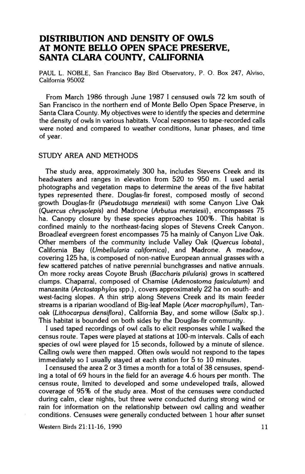 Distribution and Density of Owls at Monte Bello Open Space Preserve, Santa Clara County, California