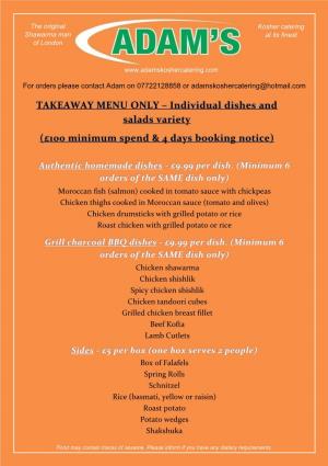 TAKEAWAY MENU ONLY – Individual Dishes and Salads Variety