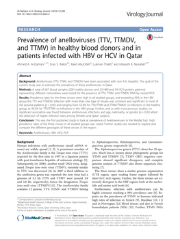 Prevalence of Anelloviruses (TTV, TTMDV, and TTMV) in Healthy Blood Donors and in Patients Infected with HBV Or HCV in Qatar Ahmed A