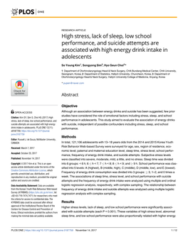 High Stress, Lack of Sleep, Low School Performance, and Suicide Attempts Are Associated with High Energy Drink Intake in Adolescents