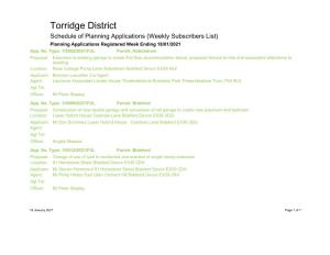 Torridge District Schedule of Planning Applications (Weekly Subscribers List) Planning Applications Registered Week Ending 18/01/2021 App