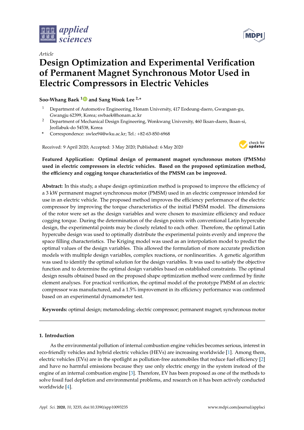 Design Optimization and Experimental Verification of Permanent Magnet Synchronous Motor Used in Electric Compressors in Electric