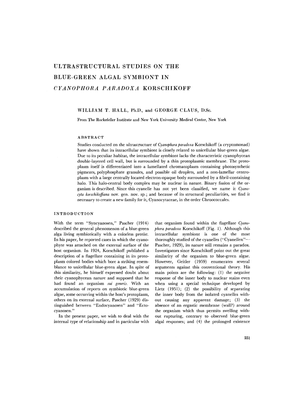 Ultrastructural Studies on the Blue-Green Algal Symbiont in Korschikoff