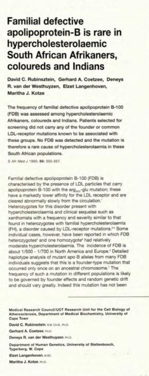 Familial Defective Apolipoprotein-B Is Rare in Hypercholesterolaemic