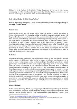 Critical Psychology in Norway: a Brief Review Commenting on Why Critical Psychology Is Currently Virtually Absent’, Annual Review of Critical Psychology, 5, Pp