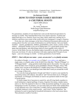 FAMILY HISTORY & CULTURAL ROOTS (April 2004 Edition) by Dr