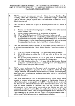 Amended Recommendation to the Outcome on the Consultation on the Future Provision of 11-16 and Post-16 School and College Places on the Isle of Wight