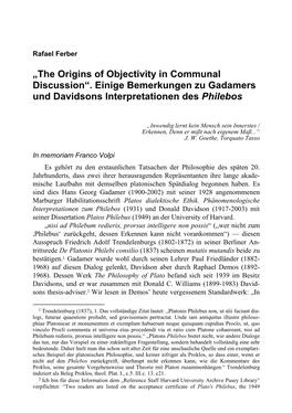 „The Origins of Objectivity in Communal Discussion“. Einige Bemerkungen Zu Gadamers Und Davidsons Interpretationen Des Philebos