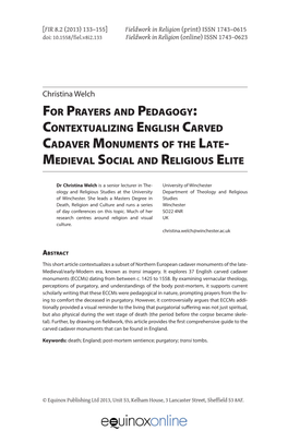 Contextualizing English Carved Cadaver Monuments of the Late- Medieval Social and Religious Elite