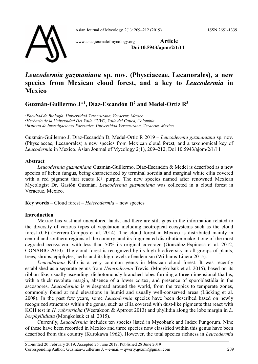 Physciaceae, Lecanorales), a New Species from Mexican Cloud Forest, and a Key to Leucodermia in Mexico