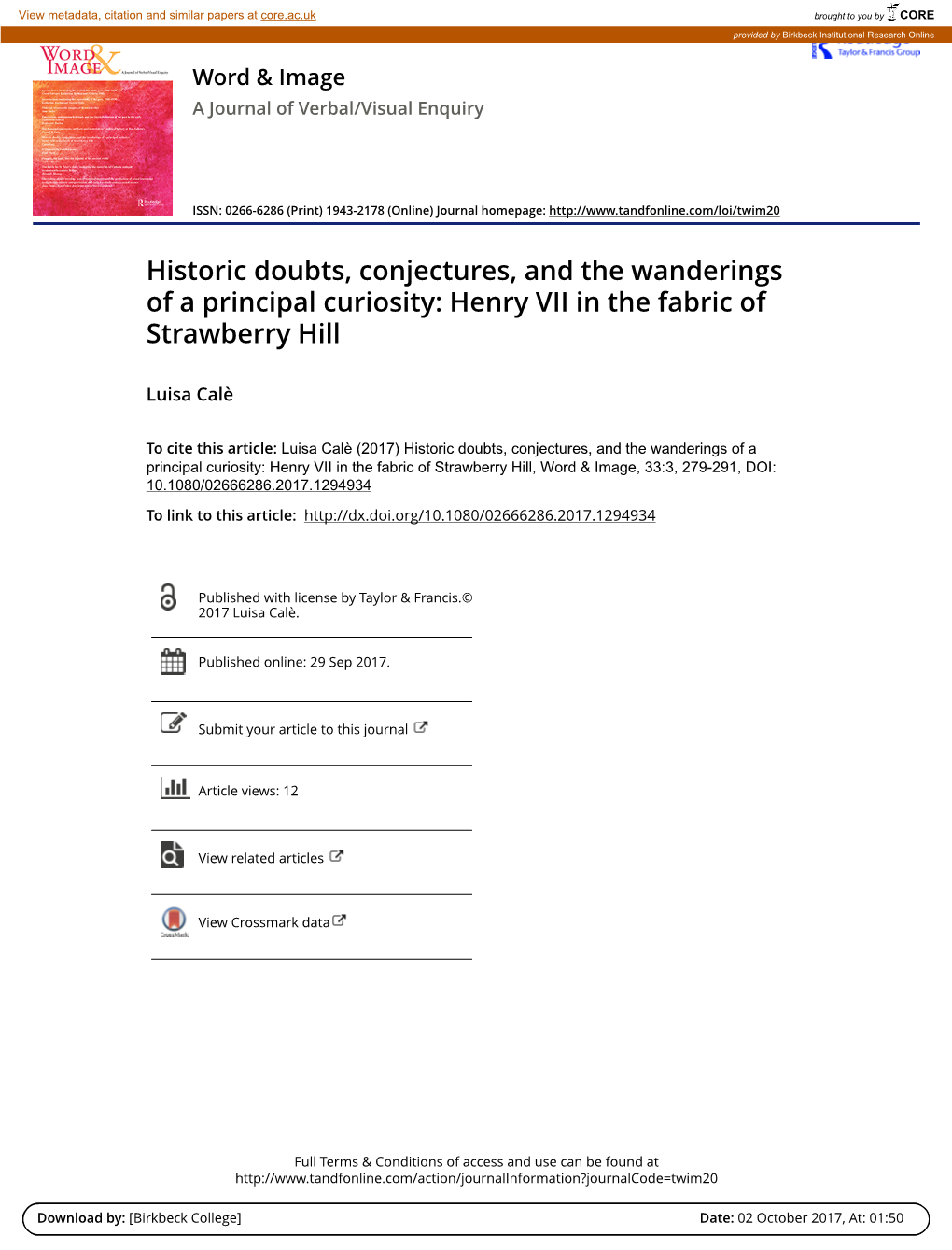 Historic Doubts, Conjectures, and the Wanderings of a Principal Curiosity: Henry VII in the Fabric of Strawberry Hill