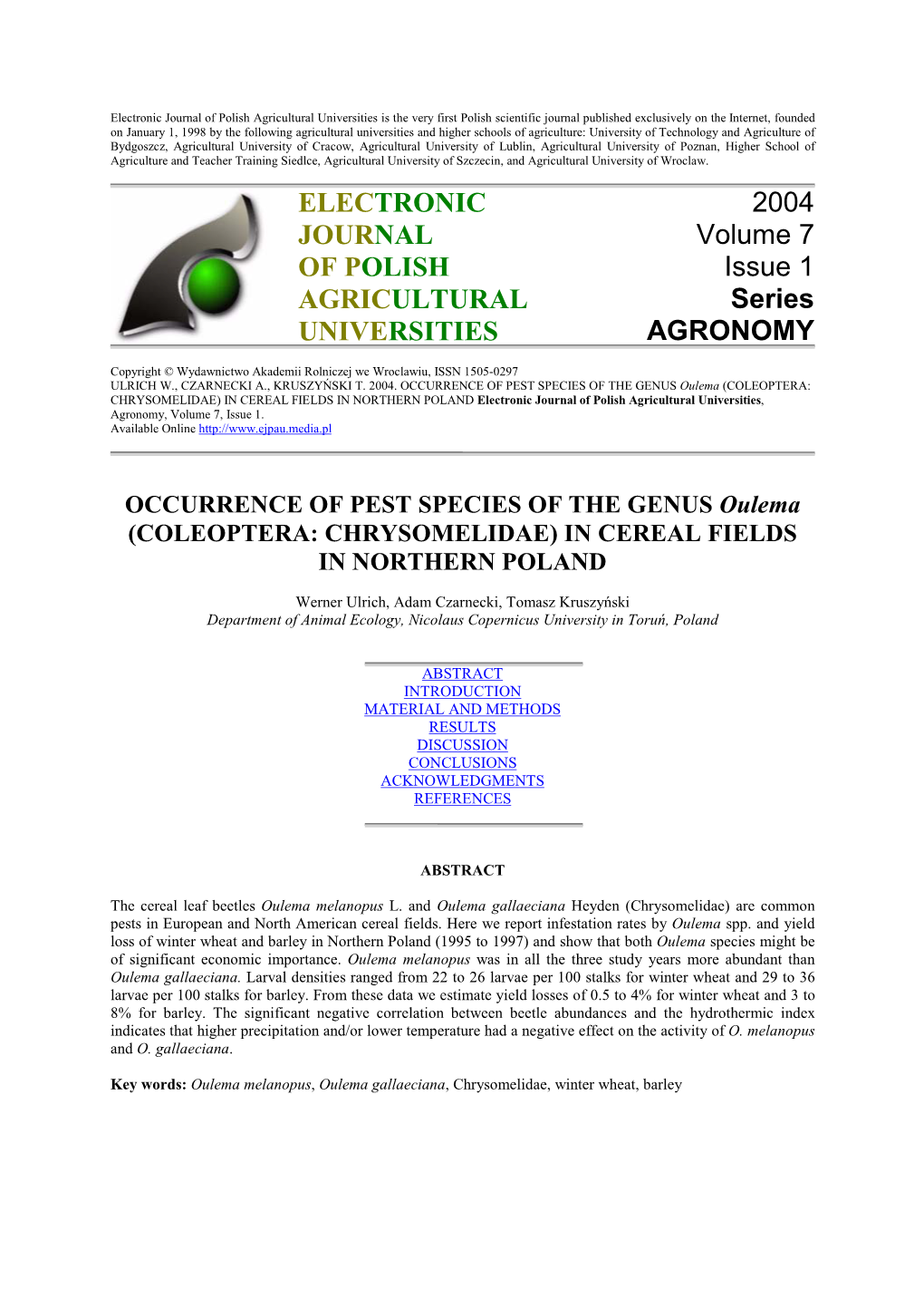 ELECTRONIC JOURNAL of POLISH AGRICULTURAL UNIVERSITIES 2004 Volume 7 Issue 1 Series AGRONOMY